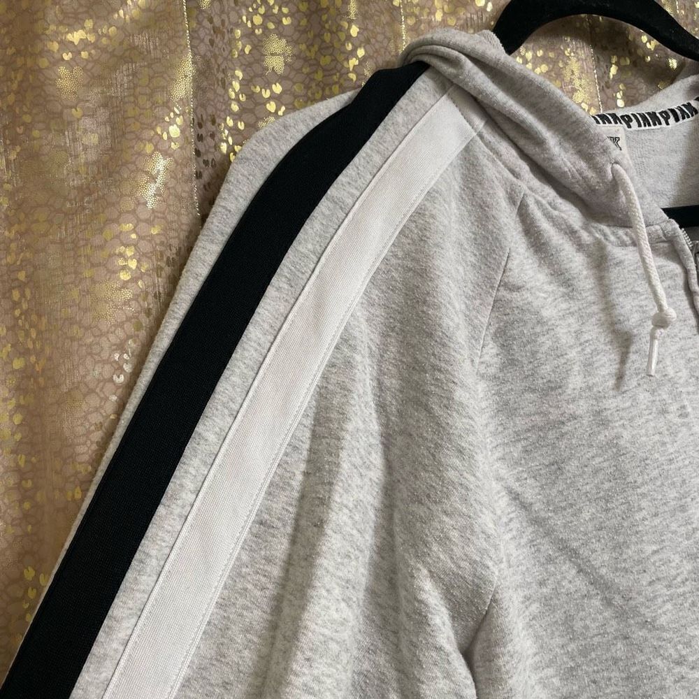 PINK Victorias Secret Gray Black White Stripe Full Zip Hoodie, L flawed - Picture 5 of 6